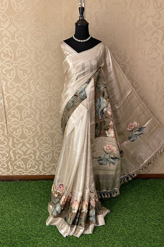 Ivory Pure Tissue Banarasi Saree Organza Border, With Unstich Blouse