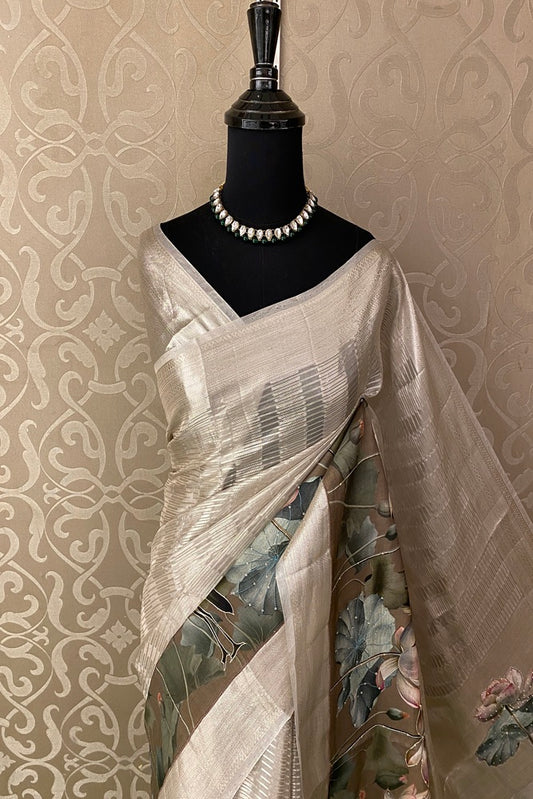 Ivory Pure Tissue Banarasi Saree Organza Border, With Unstich Blouse