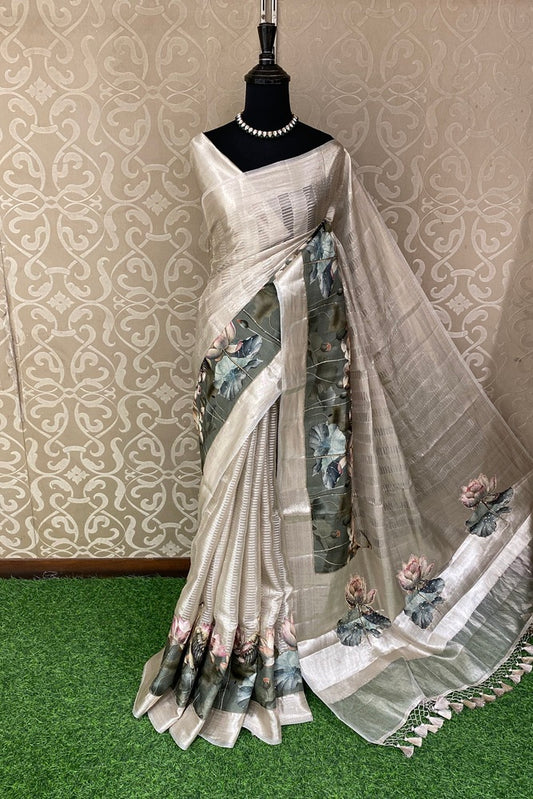 Ivory Pure Tissue Banarasi Saree Organza Border, With Unstich Blouse