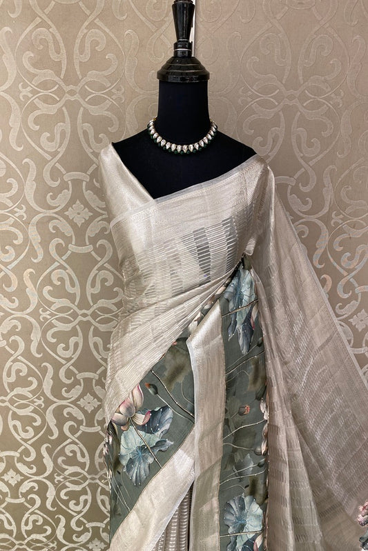 Ivory Pure Tissue Banarasi Saree Organza Border, With Unstich Blouse