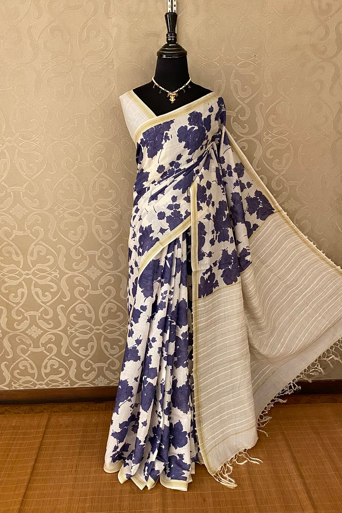 OFFWHITE & LAVENDER VIDARBHA COTTON PRINTED SAREE WITH BLOUSE PIECE
