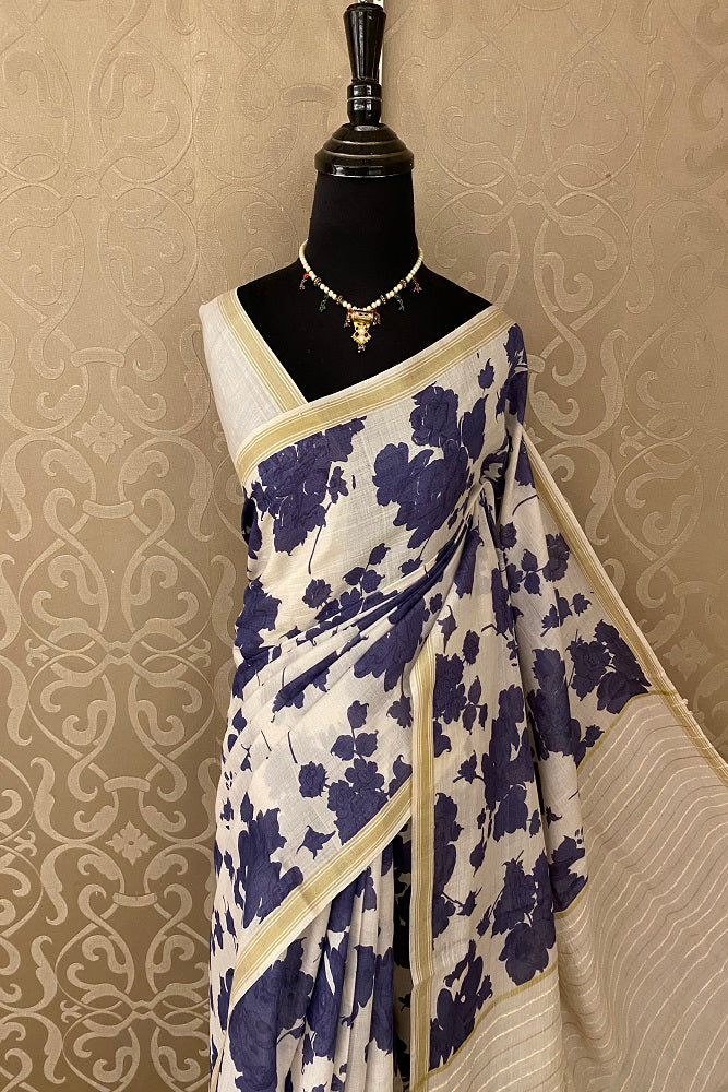 OFFWHITE & LAVENDER VIDARBHA COTTON PRINTED SAREE WITH BLOUSE PIECE
