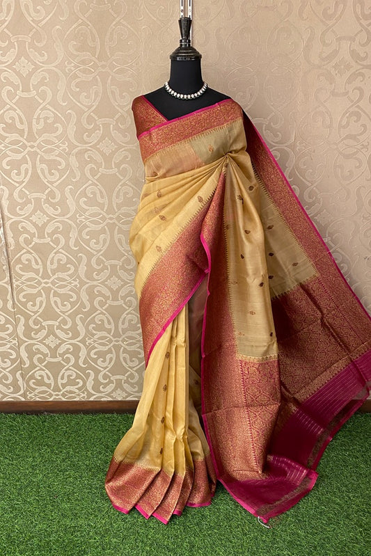 Beige Gold Kora Banarasi Silk Saree, With Unstich Blouse Piece