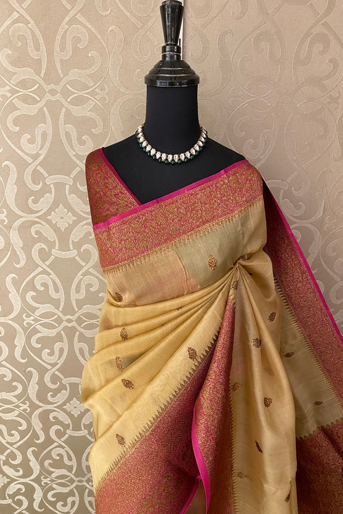 Beige Gold Kora Banarasi Silk Saree, With Unstich Blouse Piece