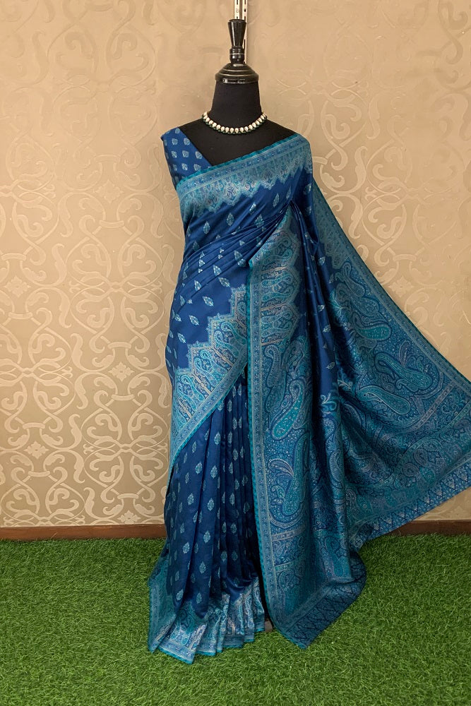 BLUE PURE KANI HANDLOOM SILK SAREE WITH FLORAL WOVEN BLOUSE