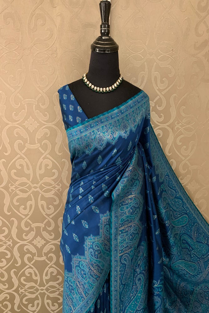 BLUE PURE KANI HANDLOOM SILK SAREE WITH FLORAL WOVEN BLOUSE