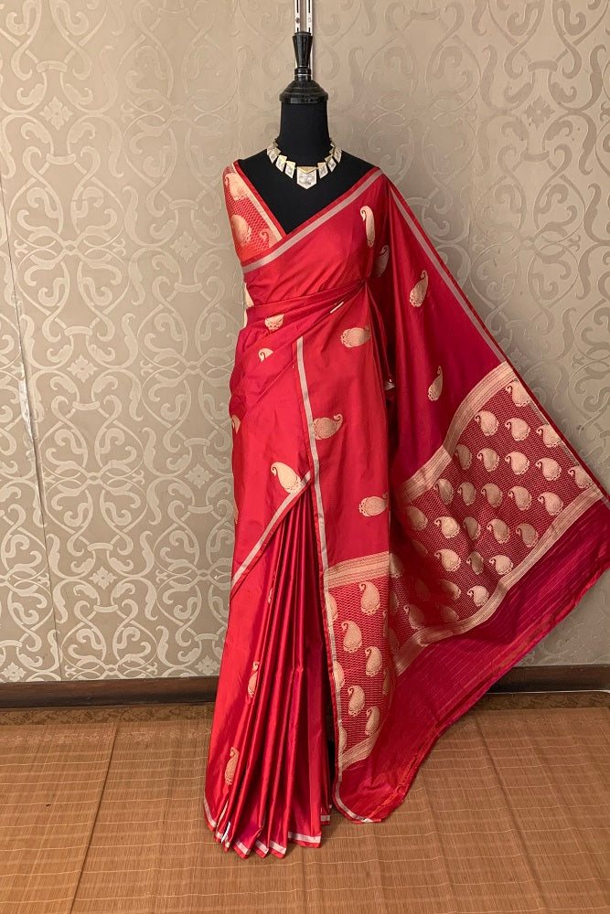RED MASHRU KATAN SILK BANARASI KADWA HANDLOOM SAREE WITHOUT BORDER