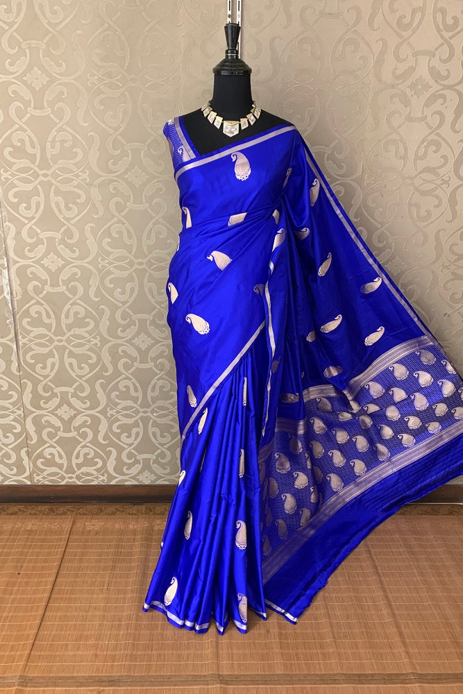 ROYAL BLUE MASHRU KATAN SILK BANARASI KADWA HANDLOOM SAREE WITHOUT BORDER