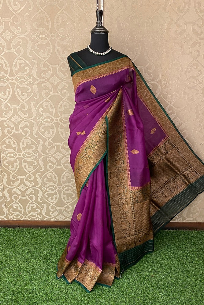 Purple Kora Banarasi Silk Saree, With Unstich Blouse Piece