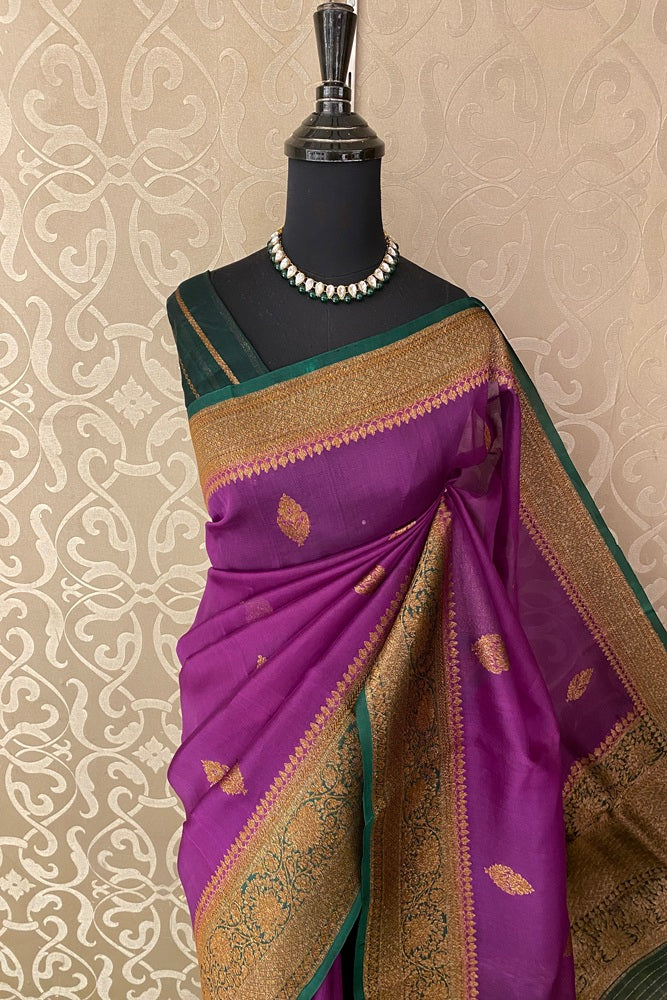 Purple Kora Banarasi Silk Saree, With Unstich Blouse Piece
