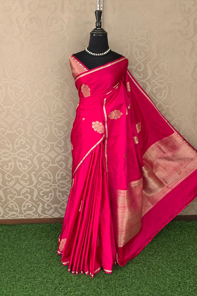 PINK MASHRU KATAN SILK BANARASI KADWA HANDLOOM SAREE WITHOUT BORDER