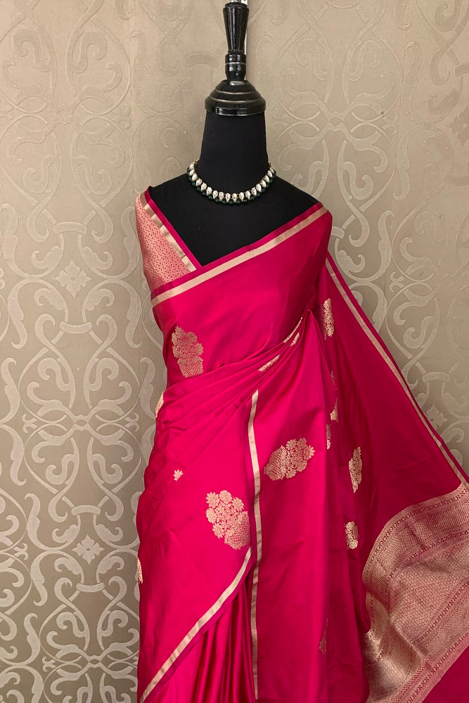 PINK MASHRU KATAN SILK BANARASI KADWA HANDLOOM SAREE WITHOUT BORDER