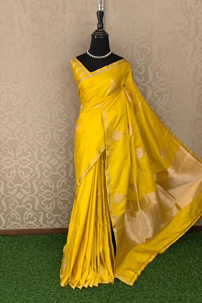YELLOW MASHRU KATAN SILK BANARASI KADWA HANDLOOM SAREE WITHOUT BORDER