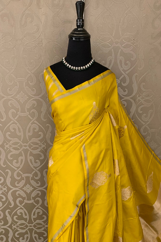 YELLOW MASHRU KATAN SILK BANARASI KADWA HANDLOOM SAREE WITHOUT BORDER