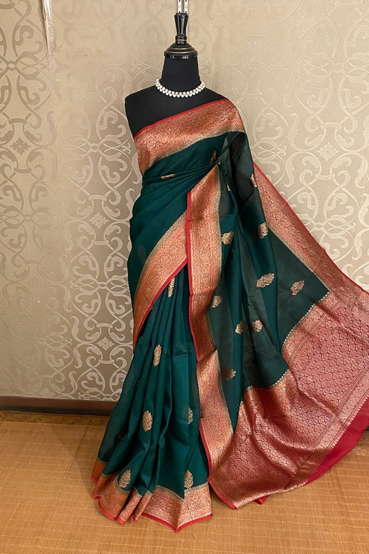 Bottle Green Kora Banarasi Silk Saree, With Unstich Blouse Piece