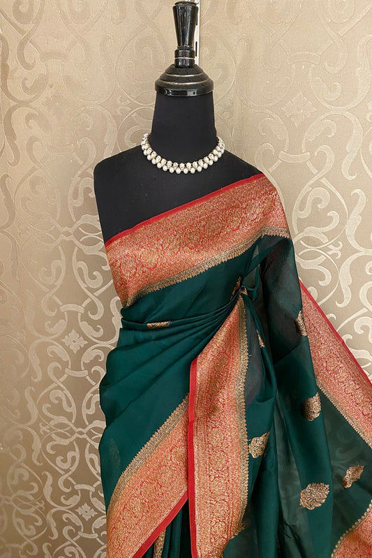Bottle Green Kora Banarasi Silk Saree, With Unstich Blouse Piece