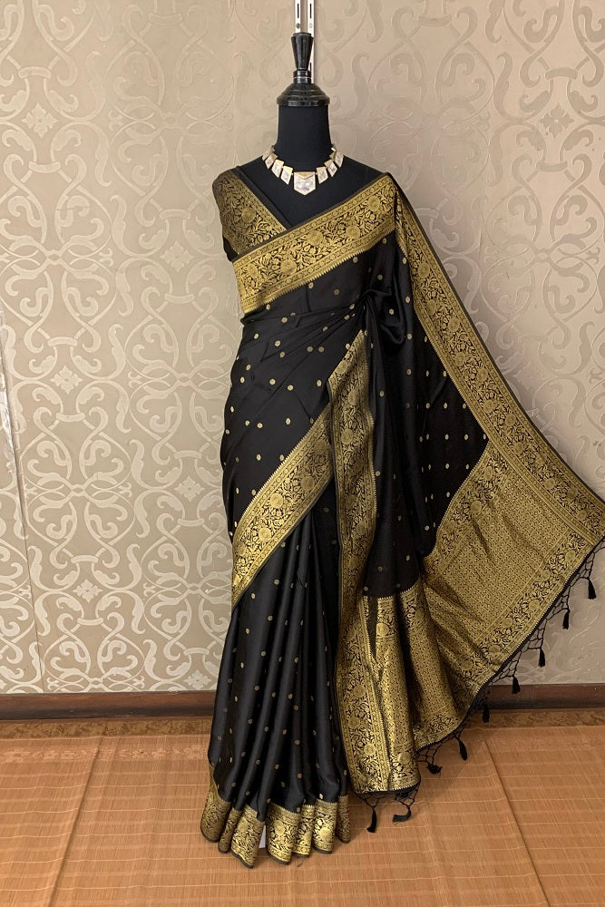 BLACK SATIN MASHRU SILK SAREE WITH BLOUSE