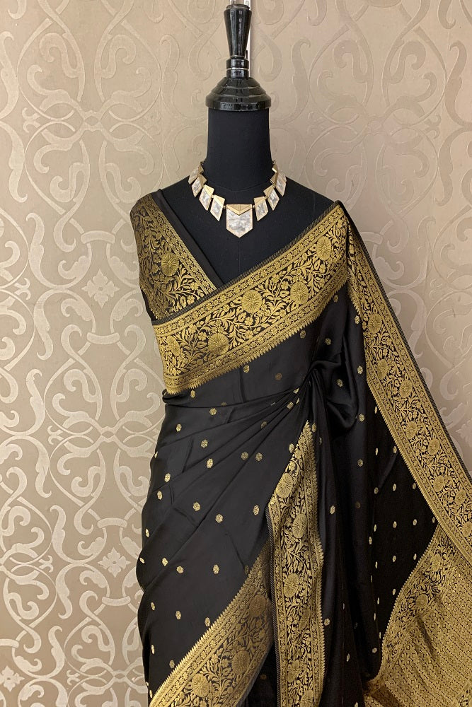 BLACK SATIN MASHRU SILK SAREE WITH BLOUSE
