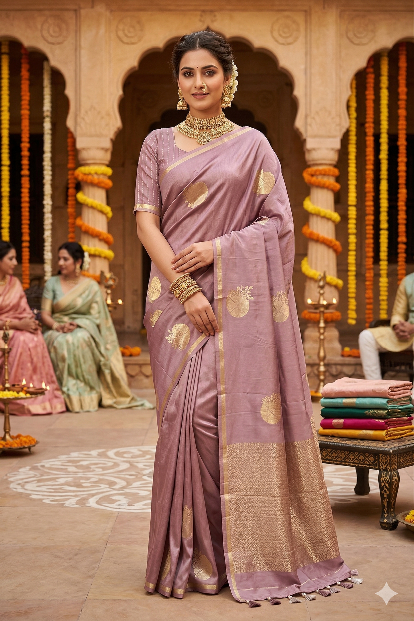 Mauve Mashru silk Banarasi handloom saree with intricate gold zari work and matching unstiched blouse, traditional Indian attire.