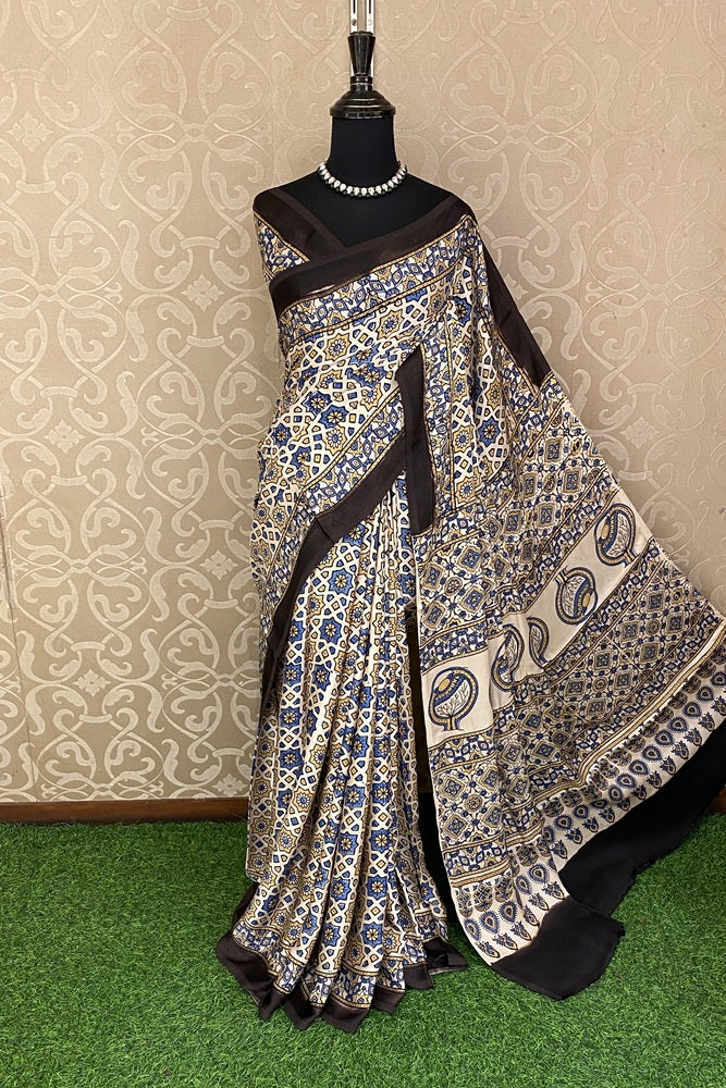 Offwhite Pure Modal Silk Ajrakh Printed Saree With Unstich Blouse
