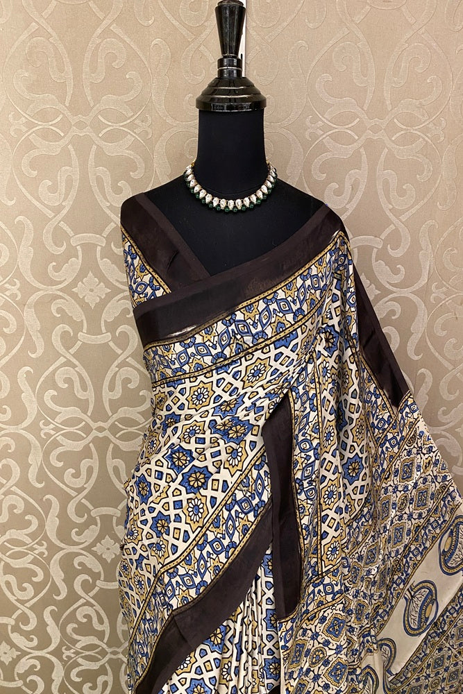 Offwhite Pure Modal Silk Ajrakh Printed Saree With Unstich Blouse
