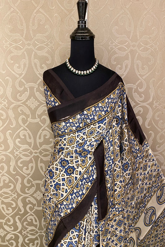 Offwhite Pure Modal Silk Ajrakh Printed Saree With Unstich Blouse