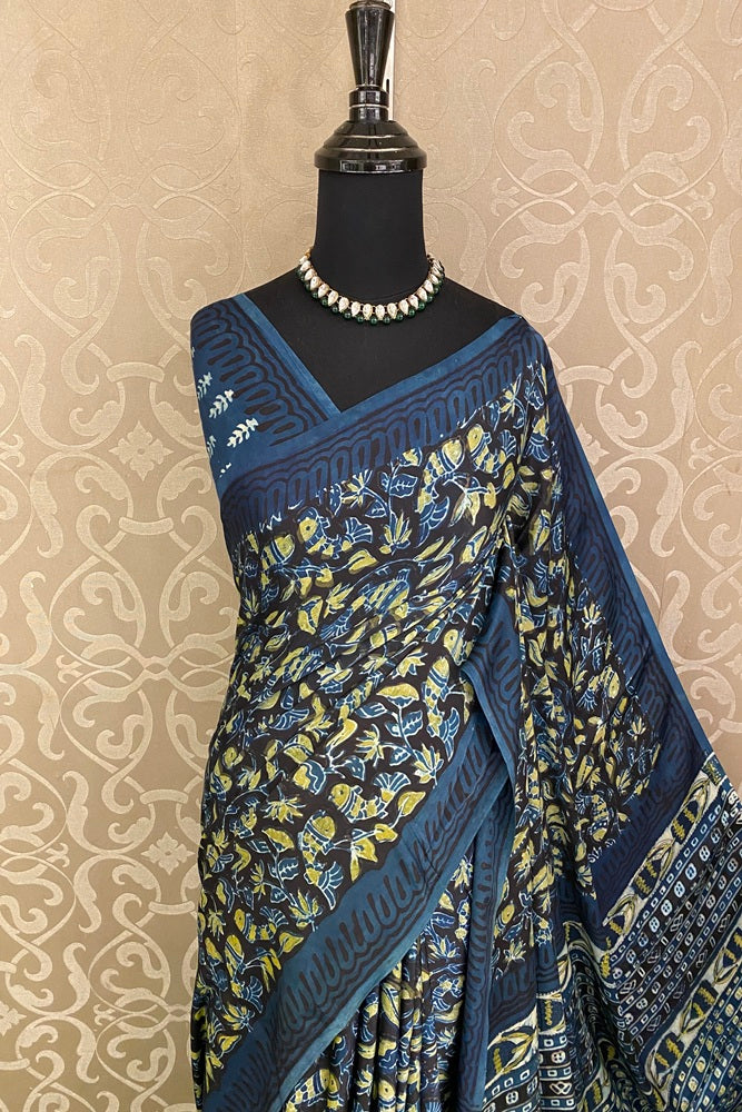 Blue Pure Modal Silk Ajrakh Printed Saree With Unstich Blouse