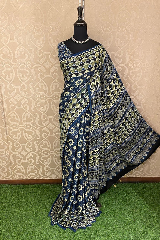 Deep Blue Pure Modal Silk Ajrakh Printed Saree With Unstich Blouse
