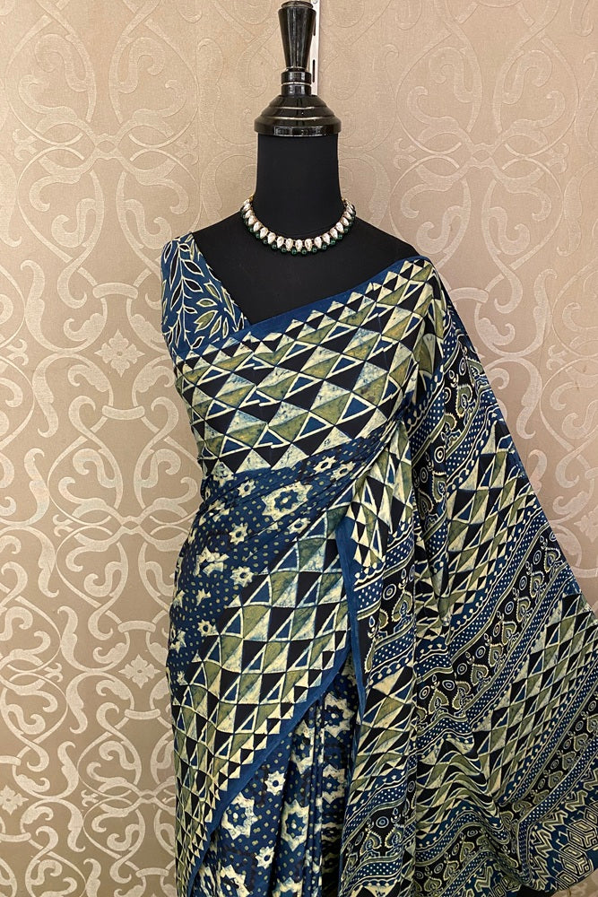 Deep Blue Pure Modal Silk Ajrakh Printed Saree With Unstich Blouse