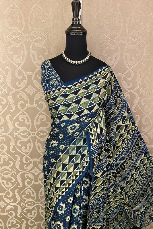 Deep Blue Pure Modal Silk Ajrakh Printed Saree With Unstich Blouse