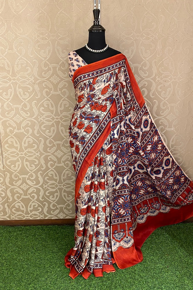 White Pure Modal Silk Ajrakh Printed Saree With Unstich Blouse