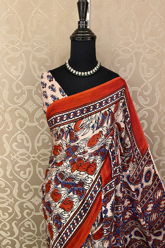 White Pure Modal Silk Ajrakh Printed Saree With Unstich Blouse