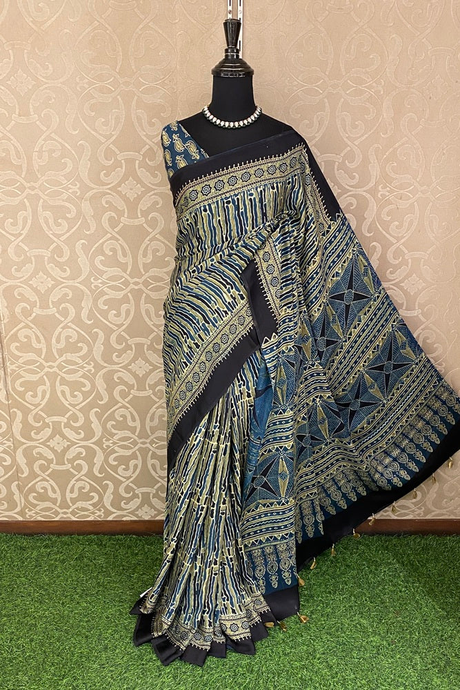 Multi Pure Modal Silk Ajrakh Printed Saree With Unstich Blouse