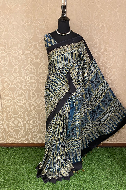 Multi Pure Modal Silk Ajrakh Printed Saree With Unstich Blouse