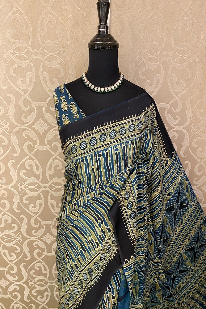 Multi Pure Modal Silk Ajrakh Printed Saree With Unstich Blouse