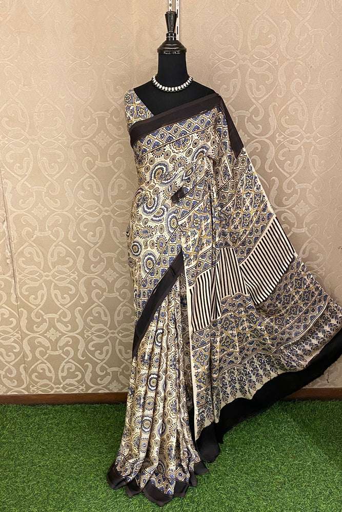 Offwhite Pure Modal Silk Ajrakh Printed Saree With Unstich Blouse