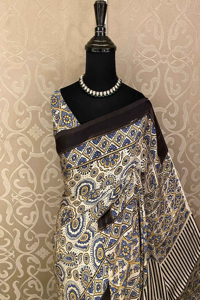 Offwhite Pure Modal Silk Ajrakh Printed Saree With Unstich Blouse
