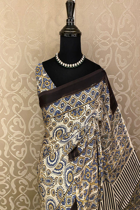 Offwhite Pure Modal Silk Ajrakh Printed Saree With Unstich Blouse