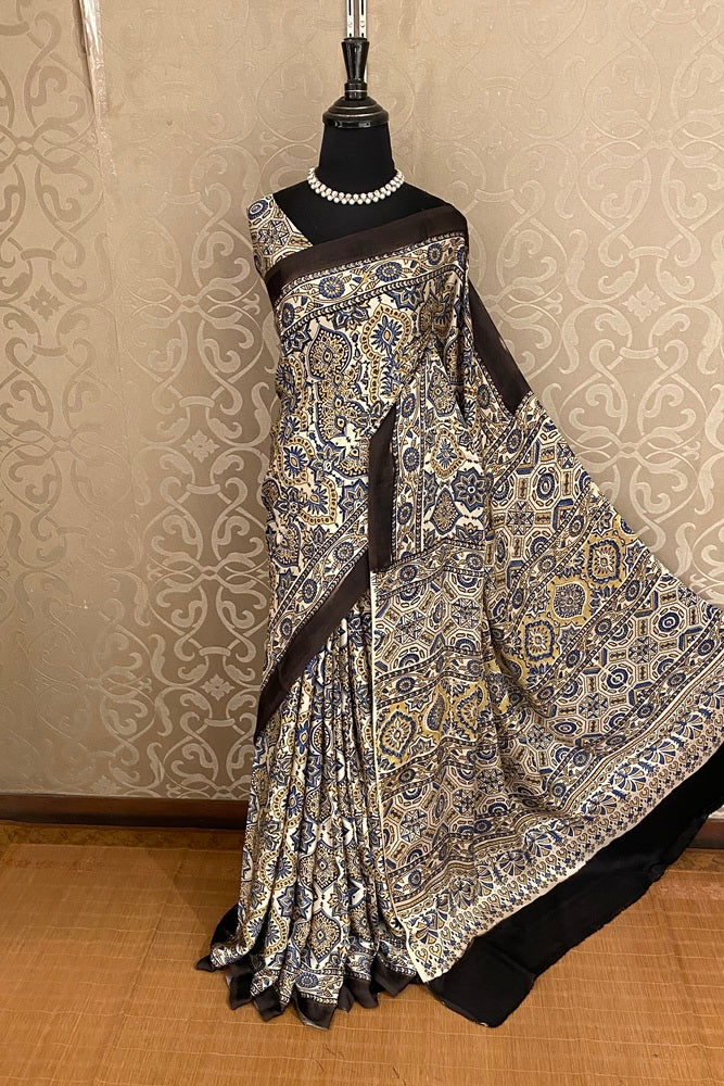 Offwhite Pure Modal Silk Ajrakh Printed Saree With Unstich Blouse