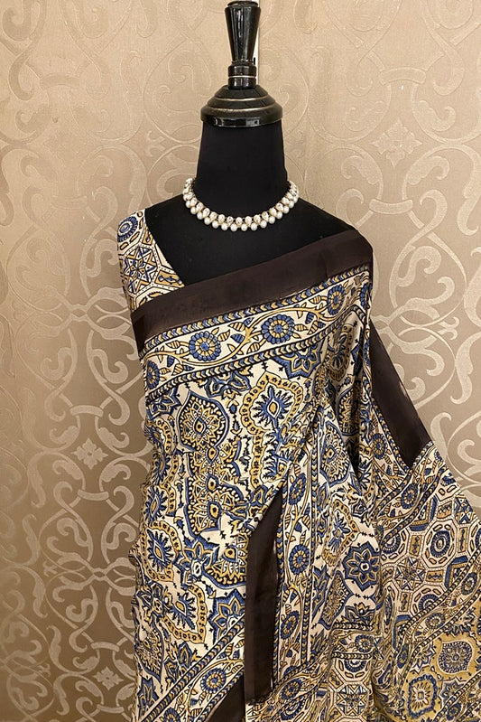 Offwhite Pure Modal Silk Ajrakh Printed Saree With Unstich Blouse