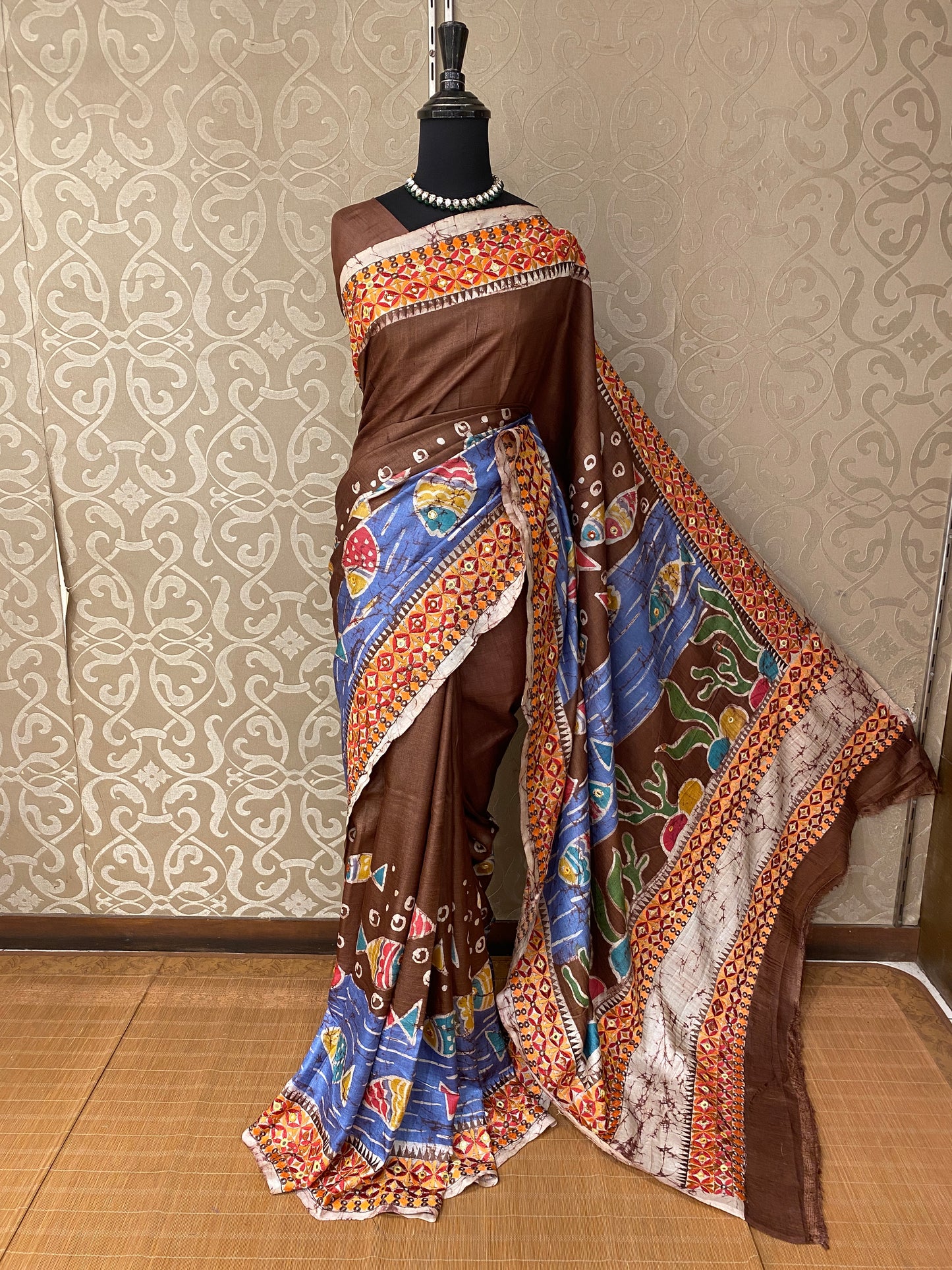 Chocolate Brown Tussar Batik Saree, With Unstitched Blouse