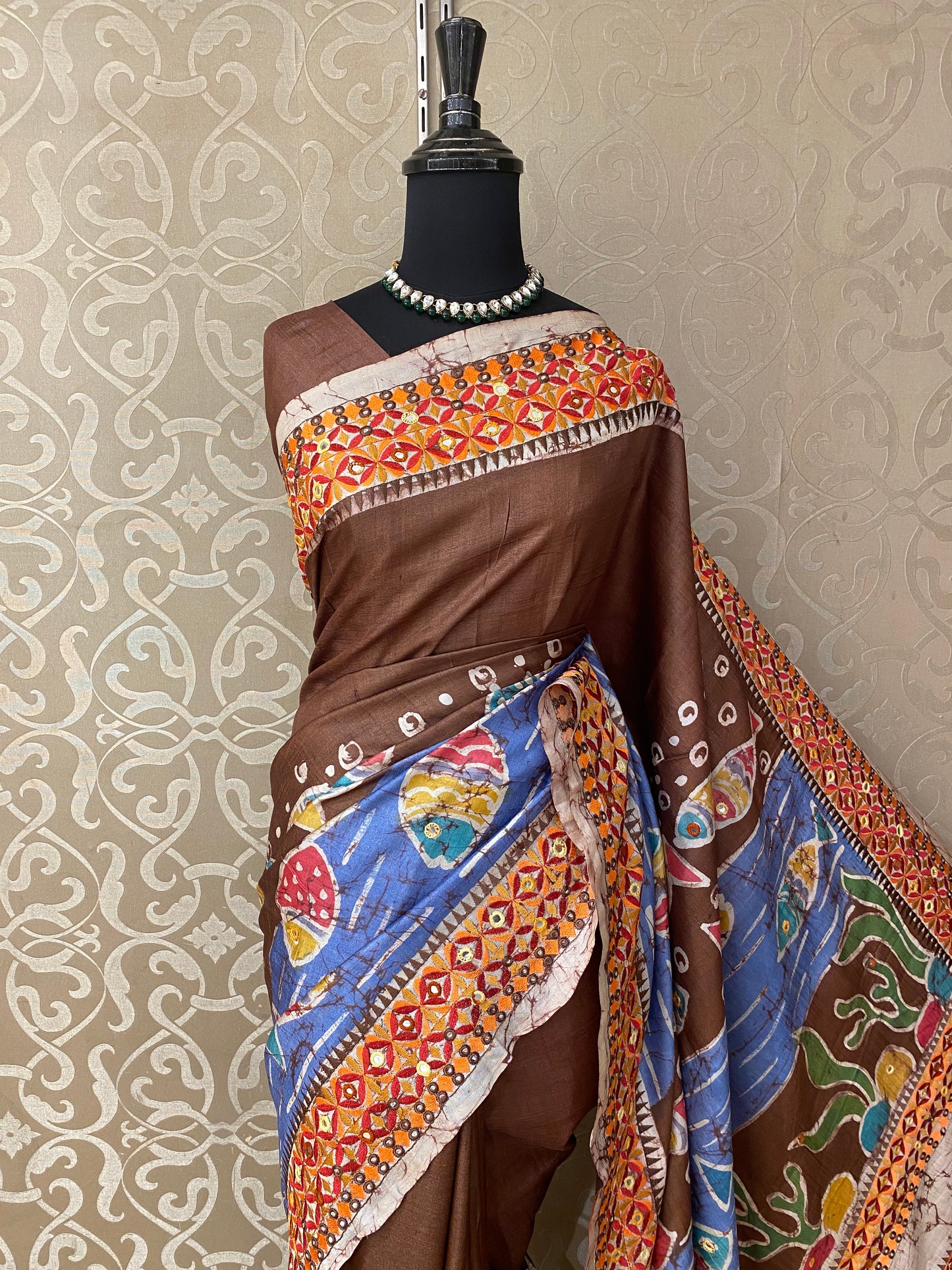 Chocolate Brown Tussar Batik Saree, With Unstitched Blouse