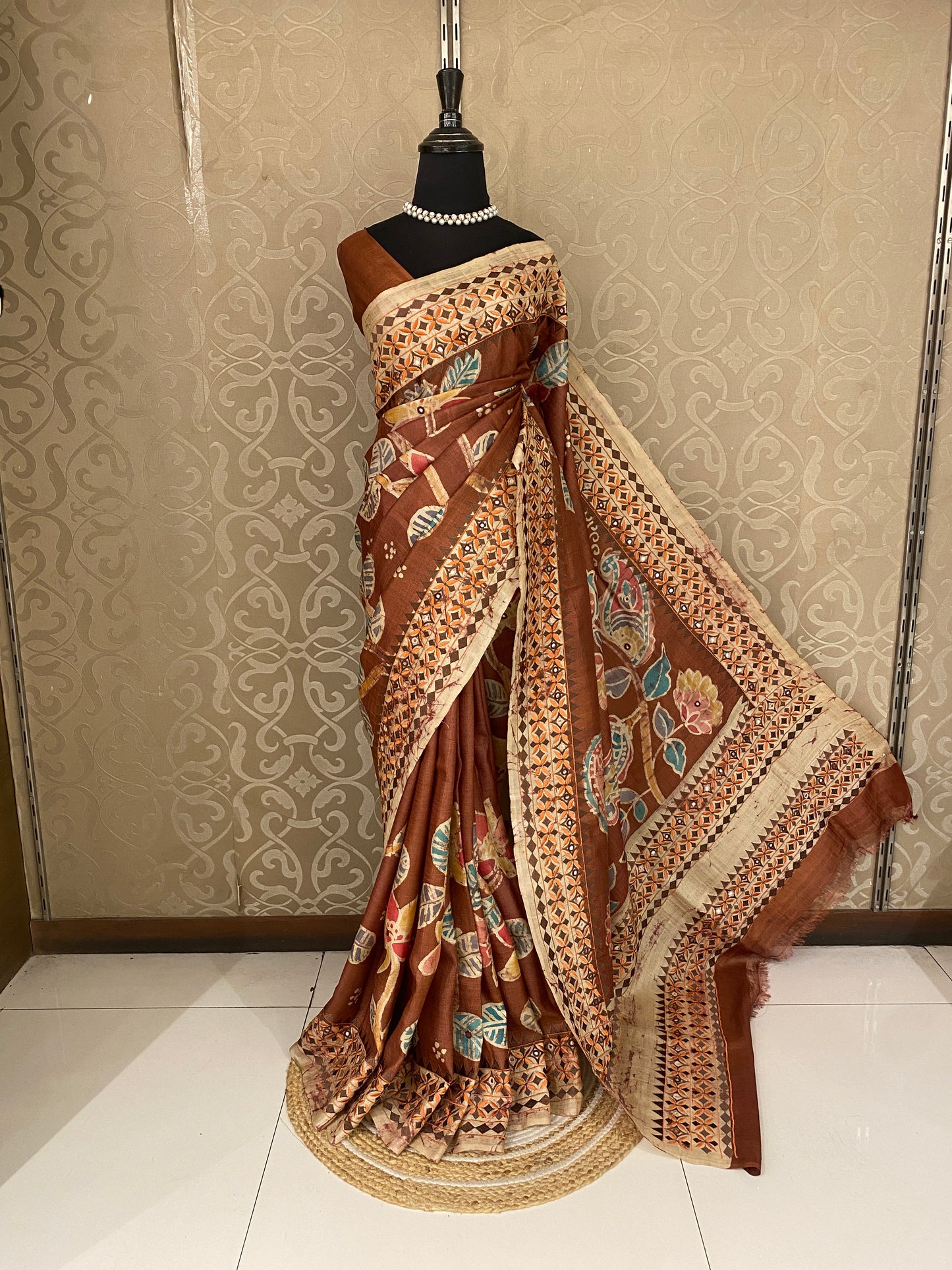 Brown Tussar Batik Saree, With Unstitched Blouse