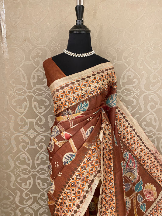 Brown Tussar Batik Saree, With Unstitched Blouse