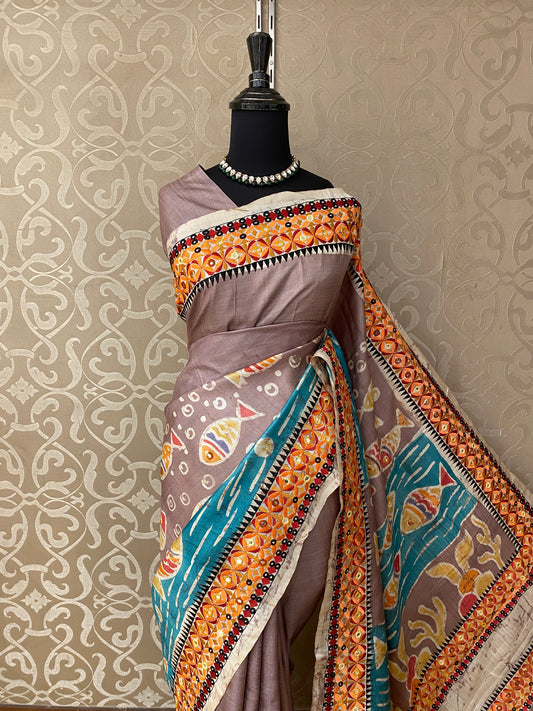 Greyish Mauve Tussar Batik Saree, With Unstitched Blouse