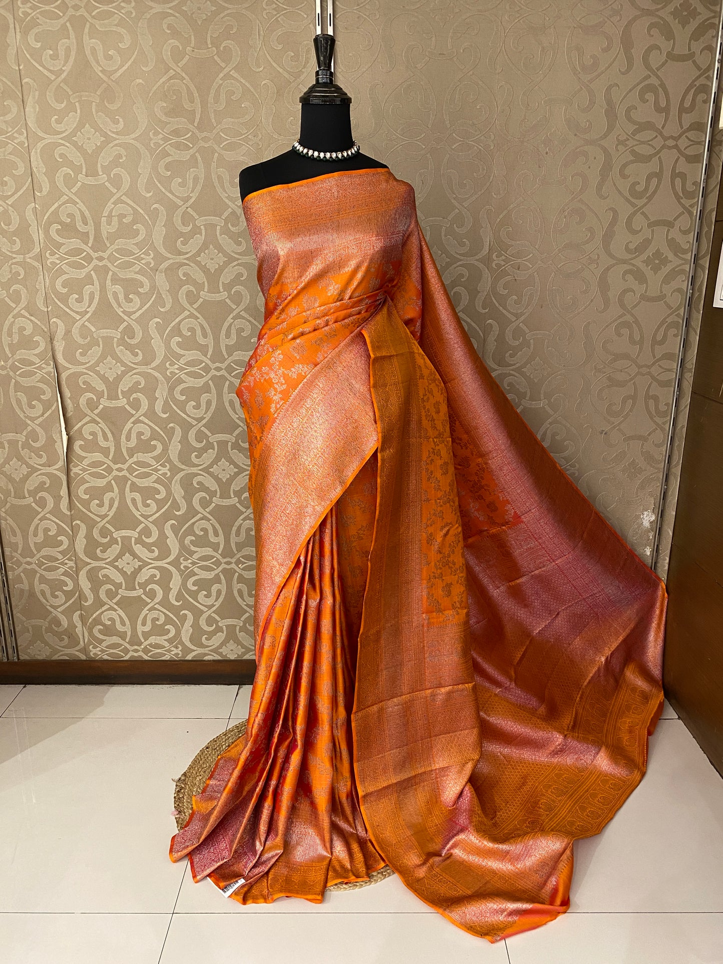 Saffron Pure Kanjeevaram Silk Saree, With Unstiched Blouse