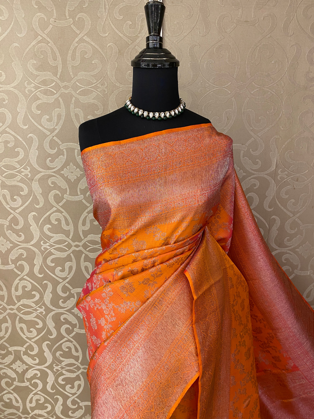 Saffron Pure Kanjeevaram Silk Saree, With Unstiched Blouse