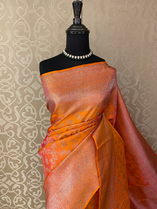 Saffron Pure Kanjeevaram Silk Saree, With Unstiched Blouse