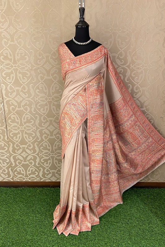 Pink Beig Pure Kani Handloom Silk Saree With Floral Woven Unstich Blouse