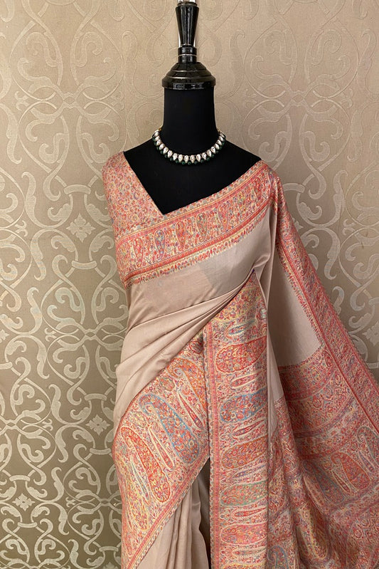 Pink Beig Pure Kani Handloom Silk Saree With Floral Woven Unstich Blouse
